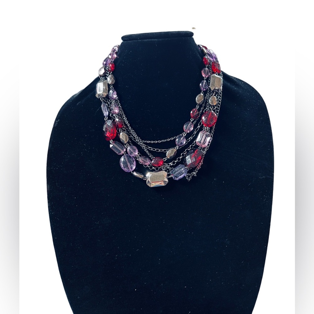Faux Amethyst Malachite and Cranberry Beaded Multi-Strand Necklace So Pretty!